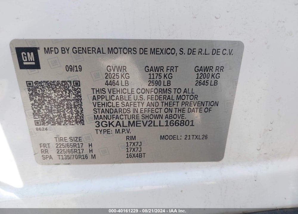 2020 GMC TERRAIN FWD SLE VIN: 3GKALMEV2LL166801