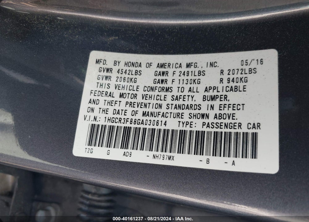 2016 HONDA ACCORD EX-L V-6 VIN: 1HGCR3F88GA030614