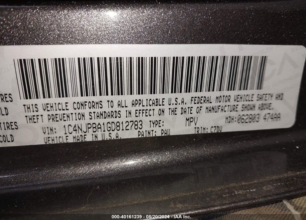 2016 JEEP PATRIOT SPORT VIN: 1C4NJPBA1GD812783