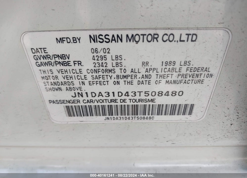 2003 NISSAN MAXIMA SE VIN: JN1DA31D43T508480