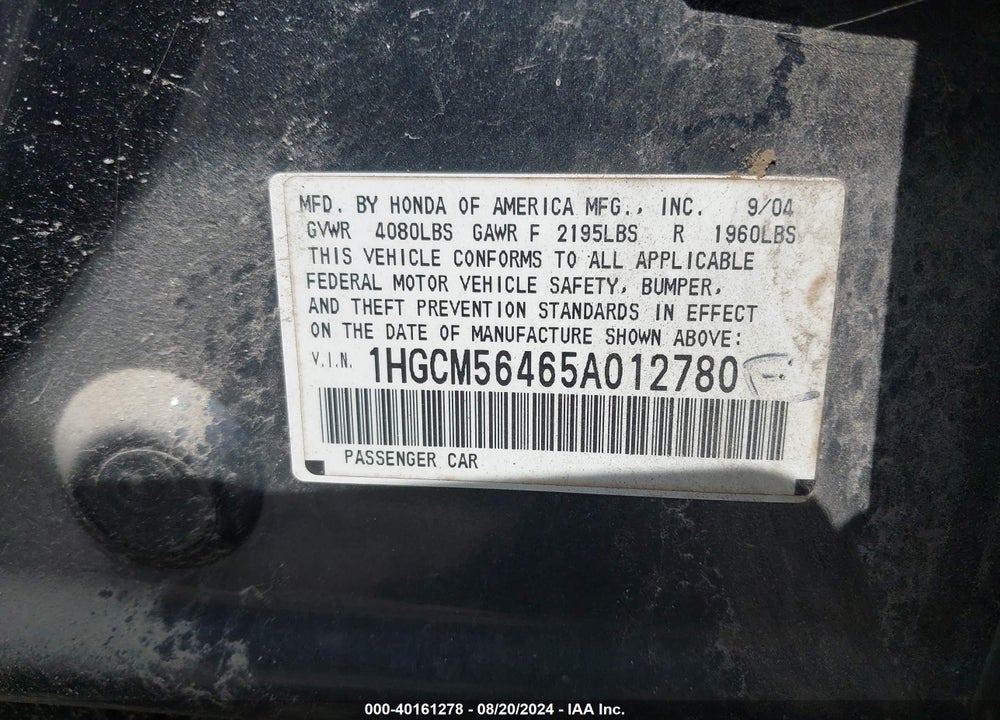 2005 HONDA ACCORD 2.4 LX VIN: 1HGCM56465A012780