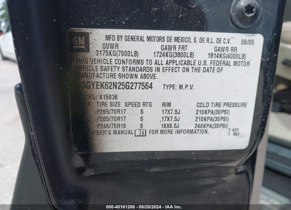 2005 CADILLAC ESCALADE EXT STANDARD VIN: 3GYEK62N25G277564