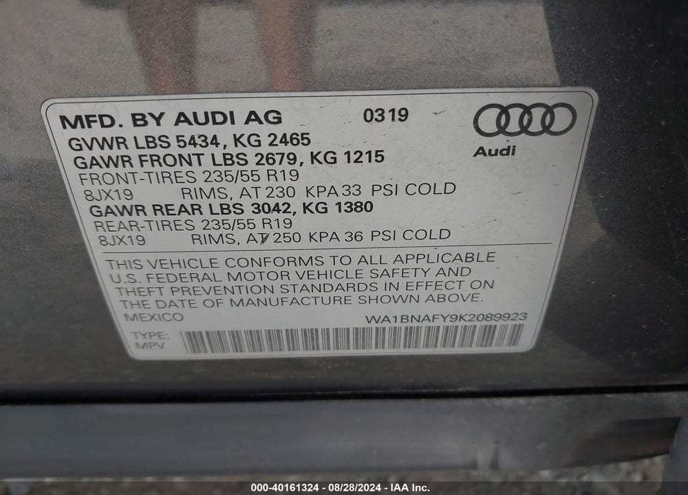 2019 AUDI Q5 45 PREMIUM VIN: WA1BNAFY9K2089923
