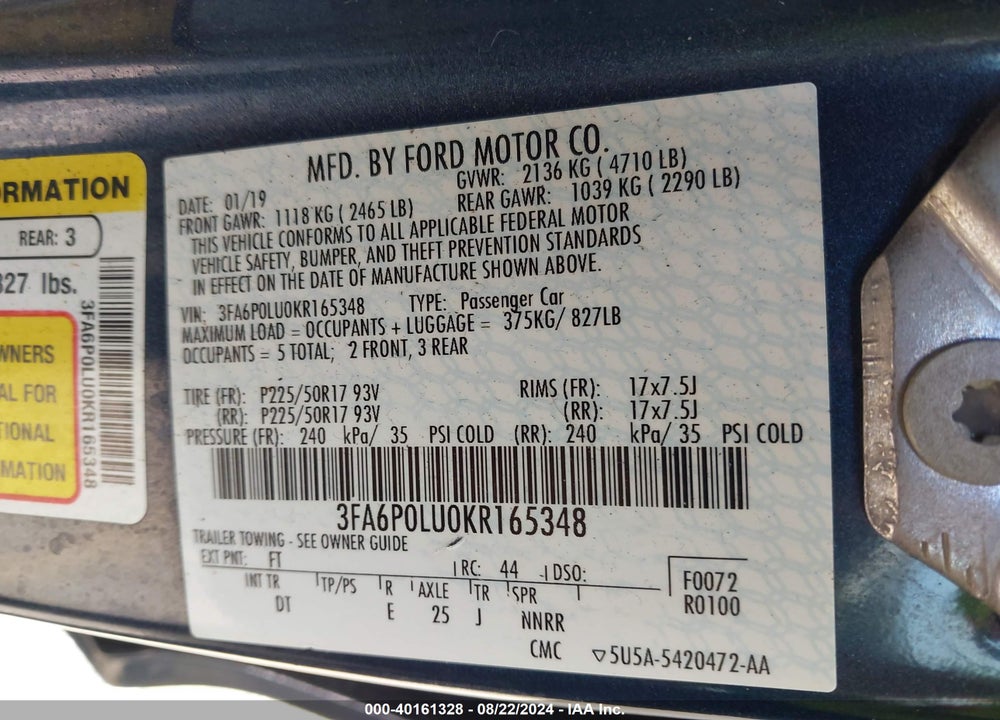 2019 FORD FUSION HYBRID SE VIN: 3FA6P0LU0KR165348
