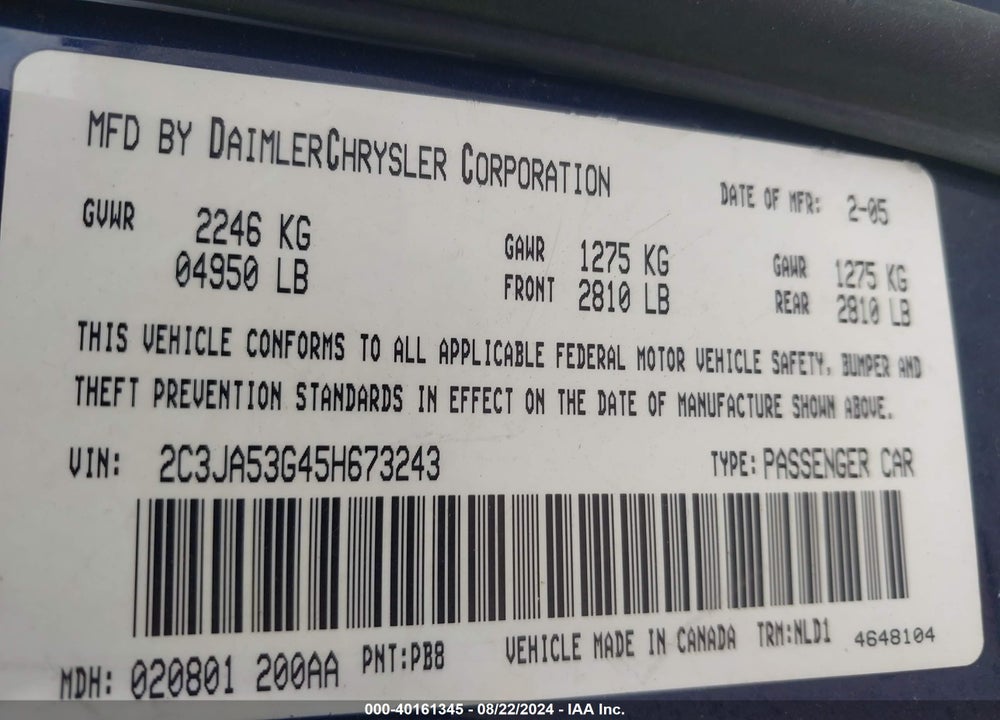 2005 CHRYSLER 300 TOURING VIN: 2C3JA53G45H673243