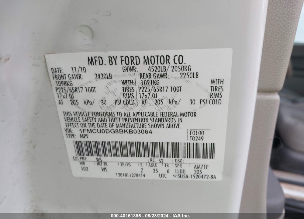 2011 FORD ESCAPE XLT VIN: 1FMCU0DG8BKB03064