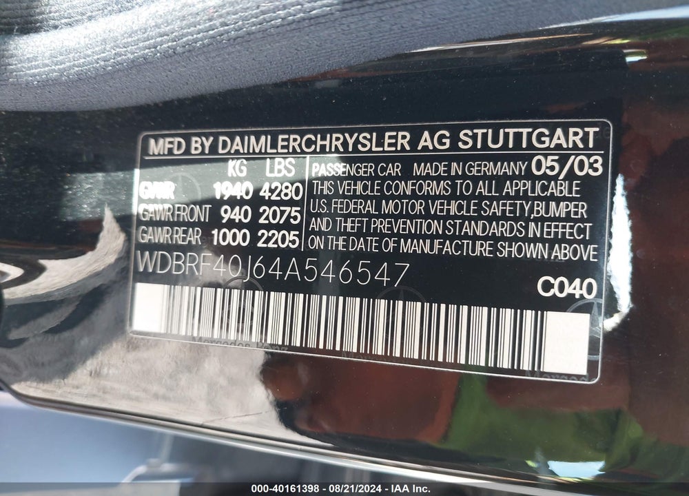 2004 MERCEDES-BENZ C 230 KOMPRESSOR SPORT/SPORT VIN: WDBRF40J64A546547