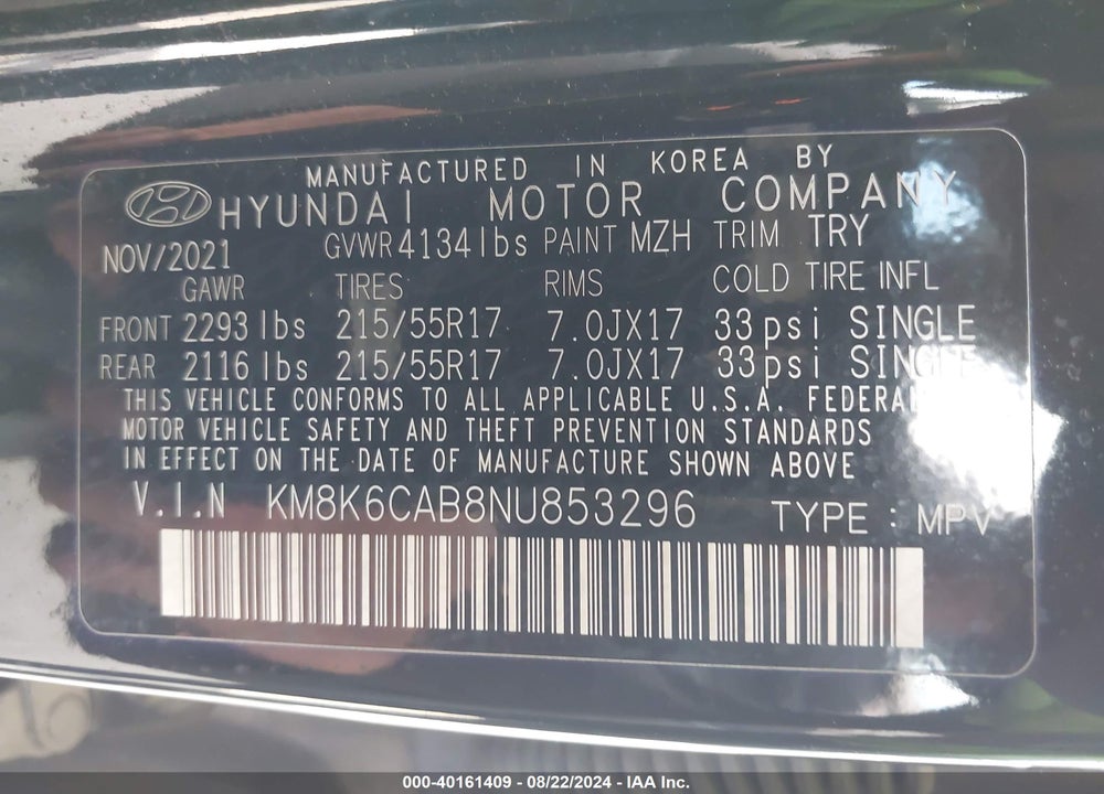 2022 HYUNDAI KONA SEL VIN: KM8K6CAB8NU853296