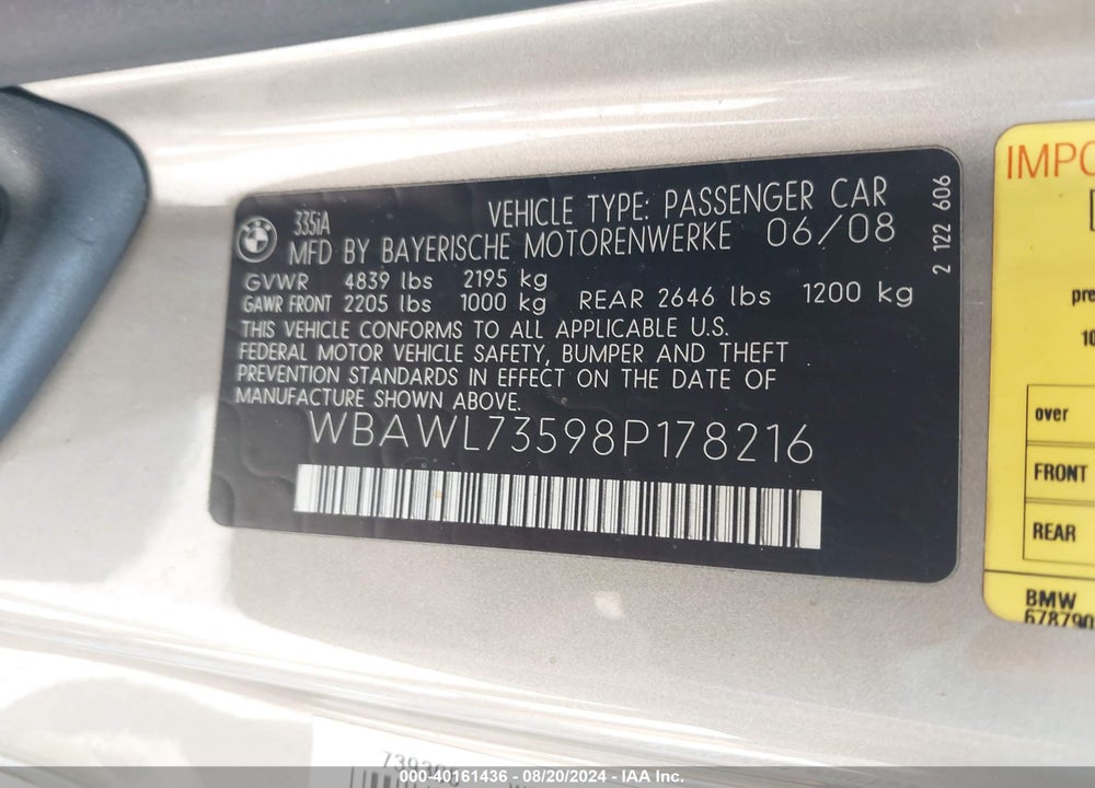 2008 BMW 335I VIN: WBAWL73598P178216