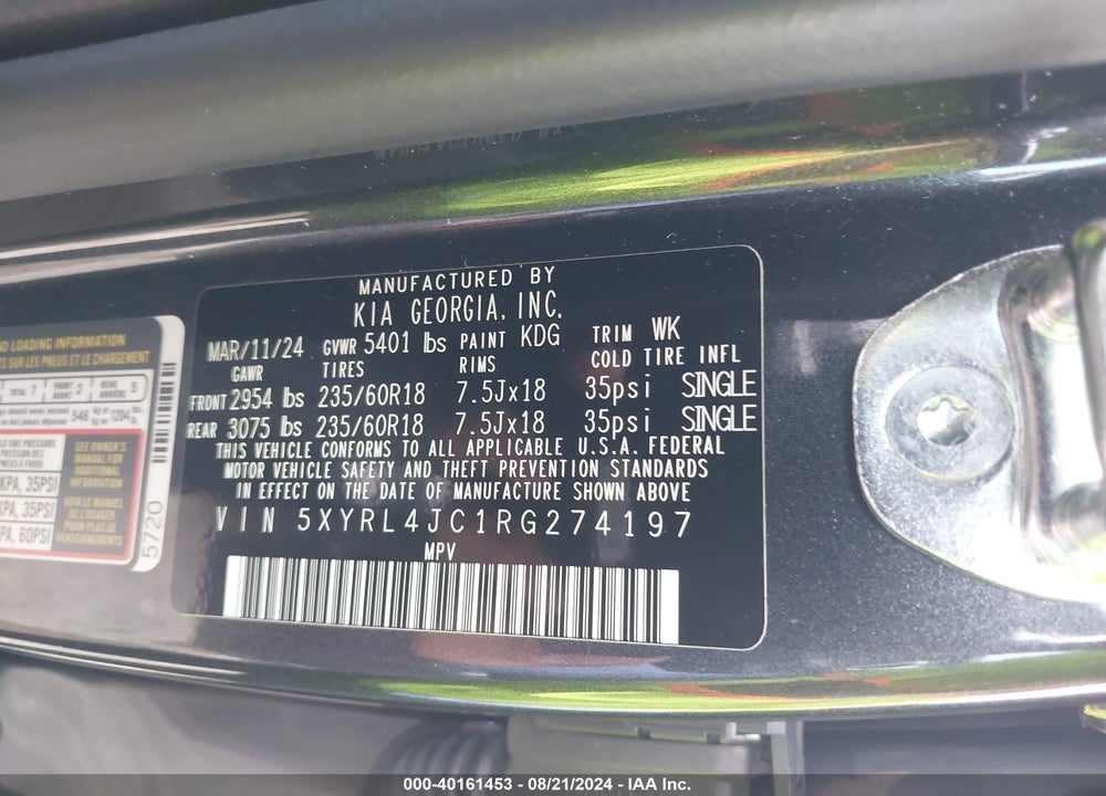 2024 KIA SORENTO S VIN: 5XYRL4JC1RG274197