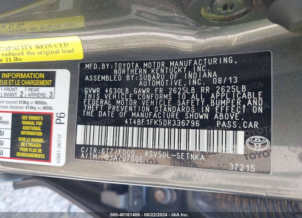 2013 TOYOTA CAMRY LE VIN: 4T4BF1FK5DR336796