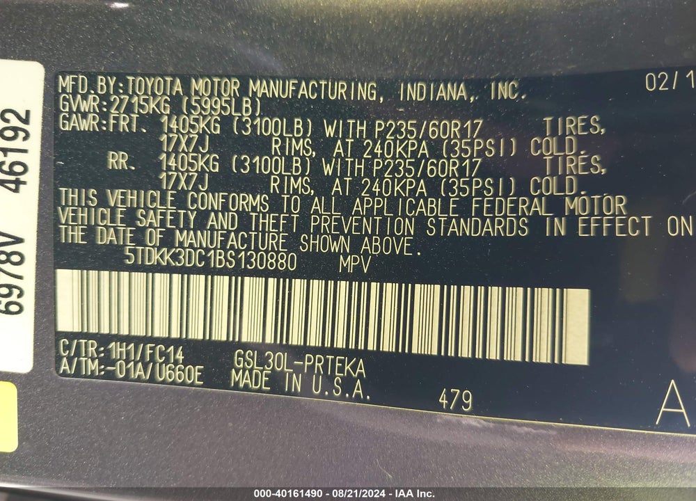 2011 TOYOTA SIENNA LE V6 VIN: 5TDKK3DC1BS130880