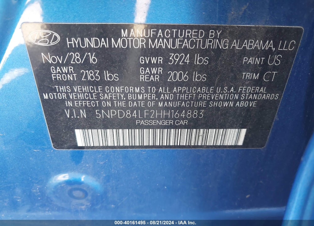 2017 HYUNDAI ELANTRA VALUE EDITION VIN: 5NPD84LF2HH164883
