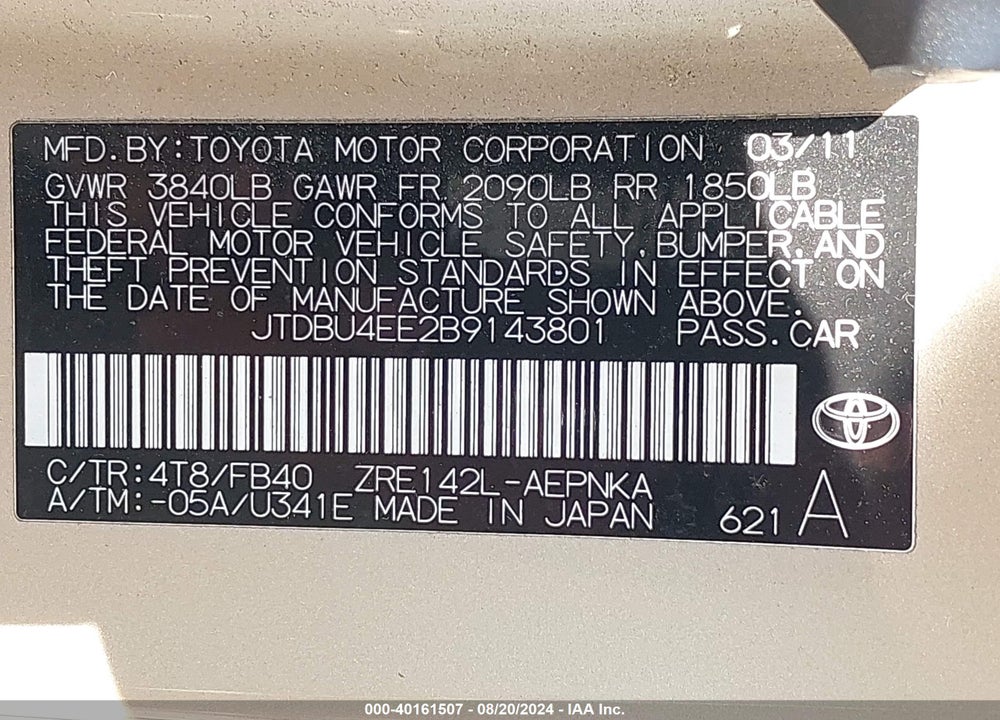 2011 TOYOTA COROLLA LE VIN: JTDBU4EE2B9143801