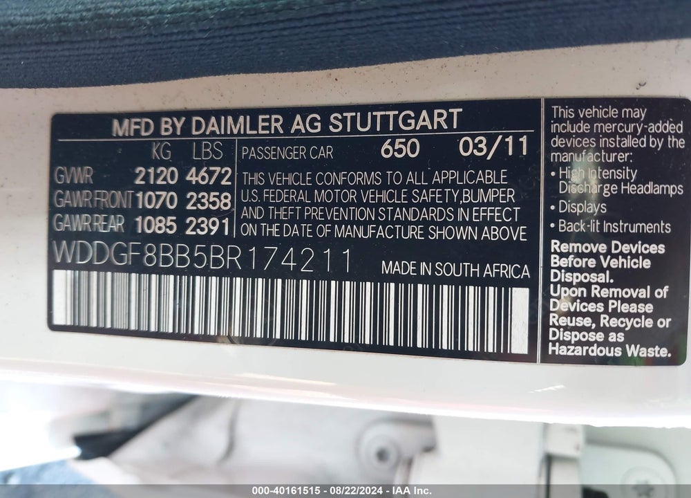 2011 MERCEDES-BENZ C 300 LUXURY 4MATIC/SPORT 4MATIC VIN: WDDGF8BB5BR174211