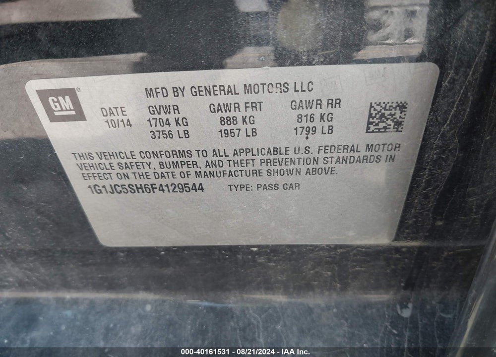2015 CHEVROLET SONIC LT AUTO VIN: 1G1JC5SH6F4129544