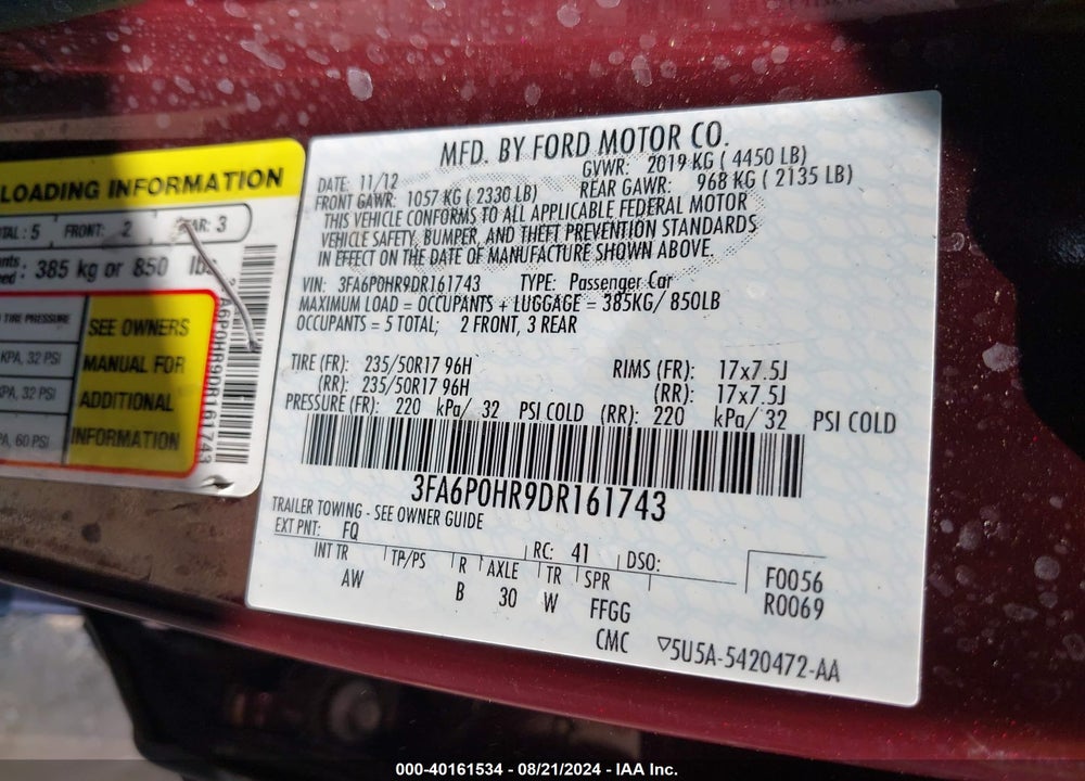 2013 FORD FUSION SE VIN: 3FA6P0HR9DR161743