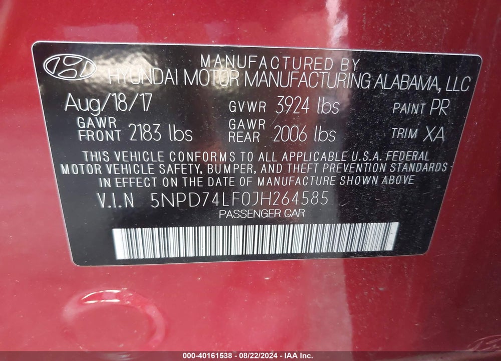 2018 HYUNDAI ELANTRA SE VIN: 5NPD74LF0JH264585