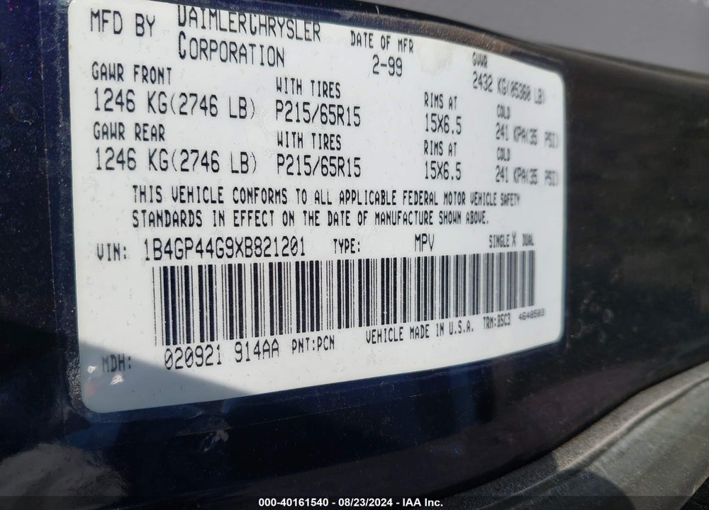 1999 DODGE GRAND CARAVAN SE VIN: 1B4GP44G9XB821201