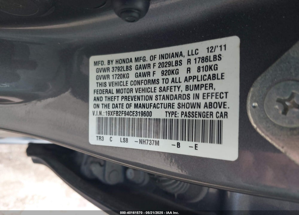 2012 HONDA CIVIC VIN: 19XFB2F94CE319600