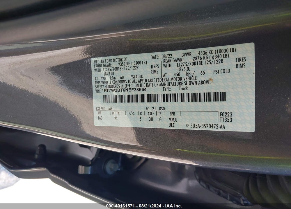 2022 FORD F-250 XLT VIN: 1FT7W2BT6NEF38664