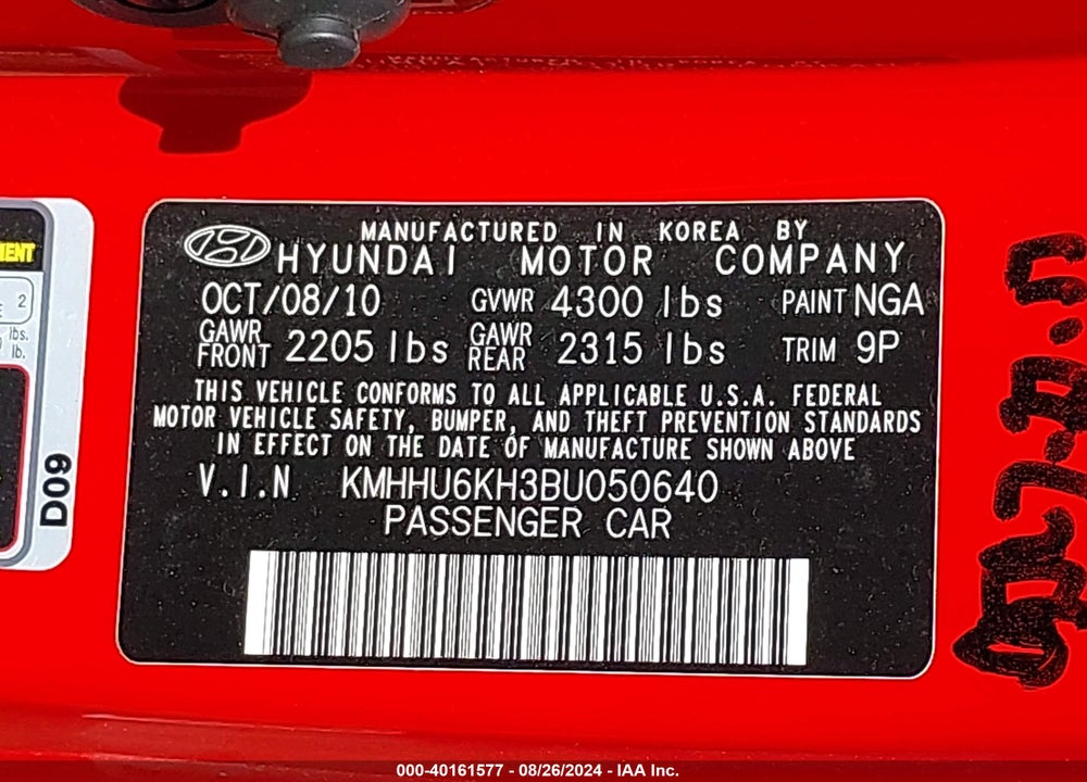 2011 HYUNDAI GENESIS 3.8 R-SPEC VIN: KMHHU6KH3BU050640