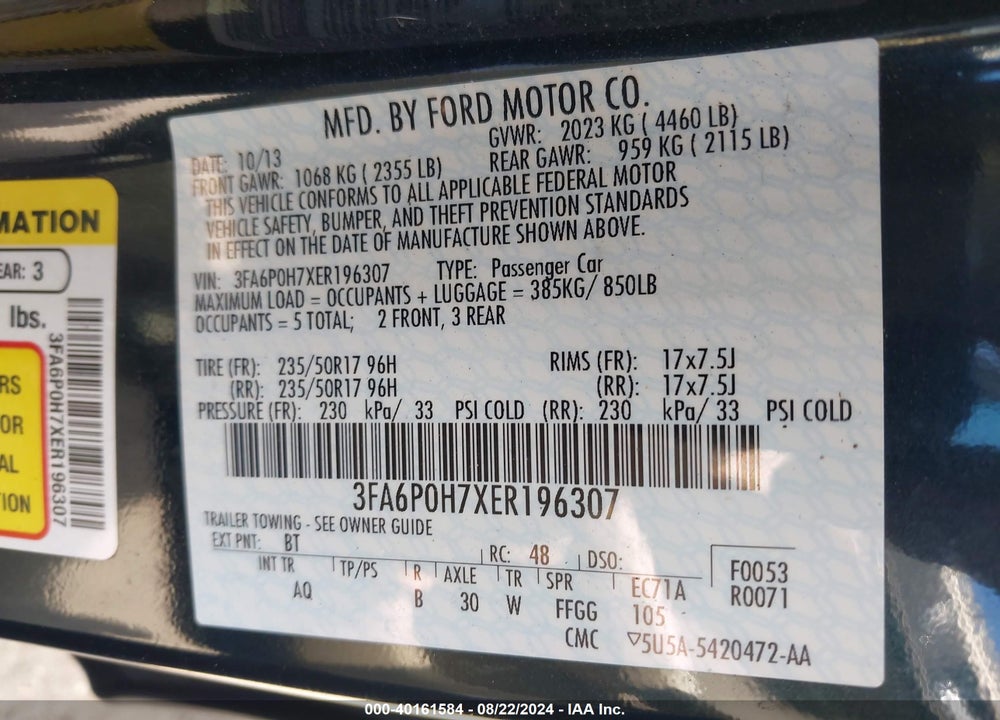 2014 FORD FUSION SE VIN: 3FA6P0H7XER196307