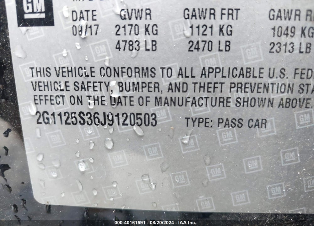 2018 CHEVROLET IMPALA 2LZ VIN: 2G1125S36J9120503