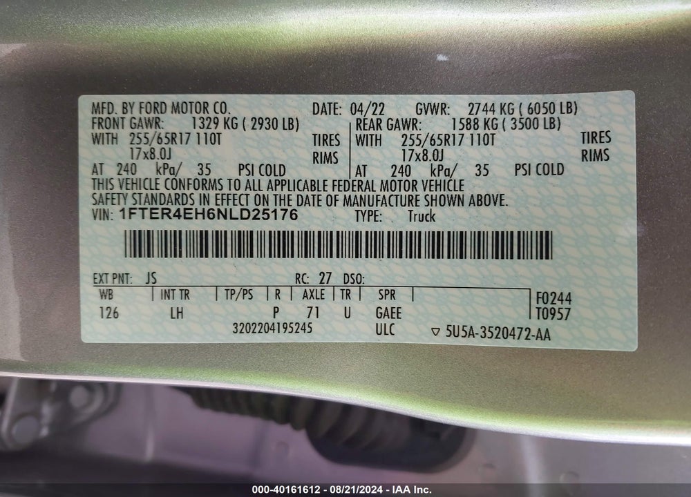 2022 RANGER FORD  XLT VIN: 1FTER4EH6NLD25176