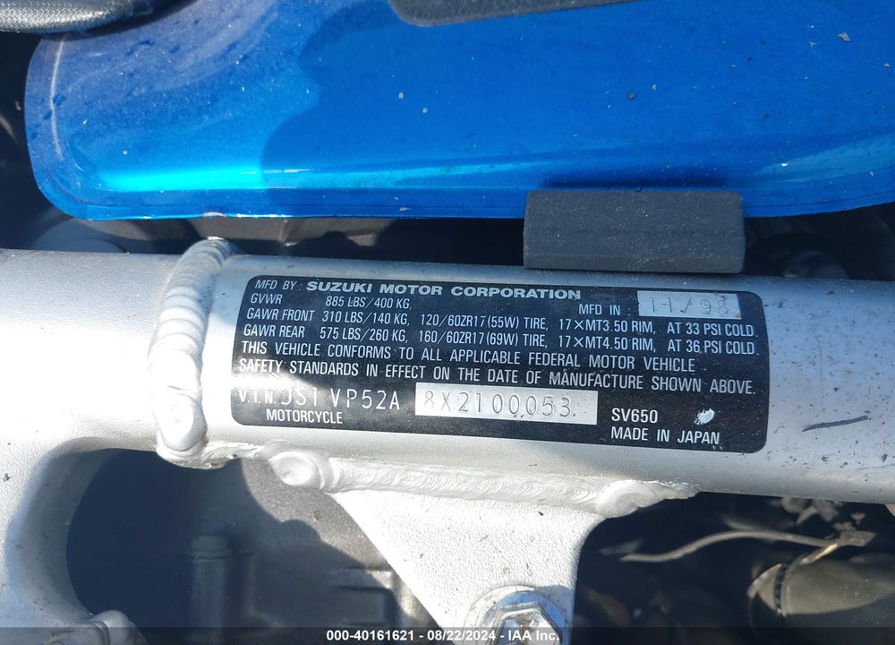 1999 SUZUKI SV650 VIN: JS1VP52A8X2100053