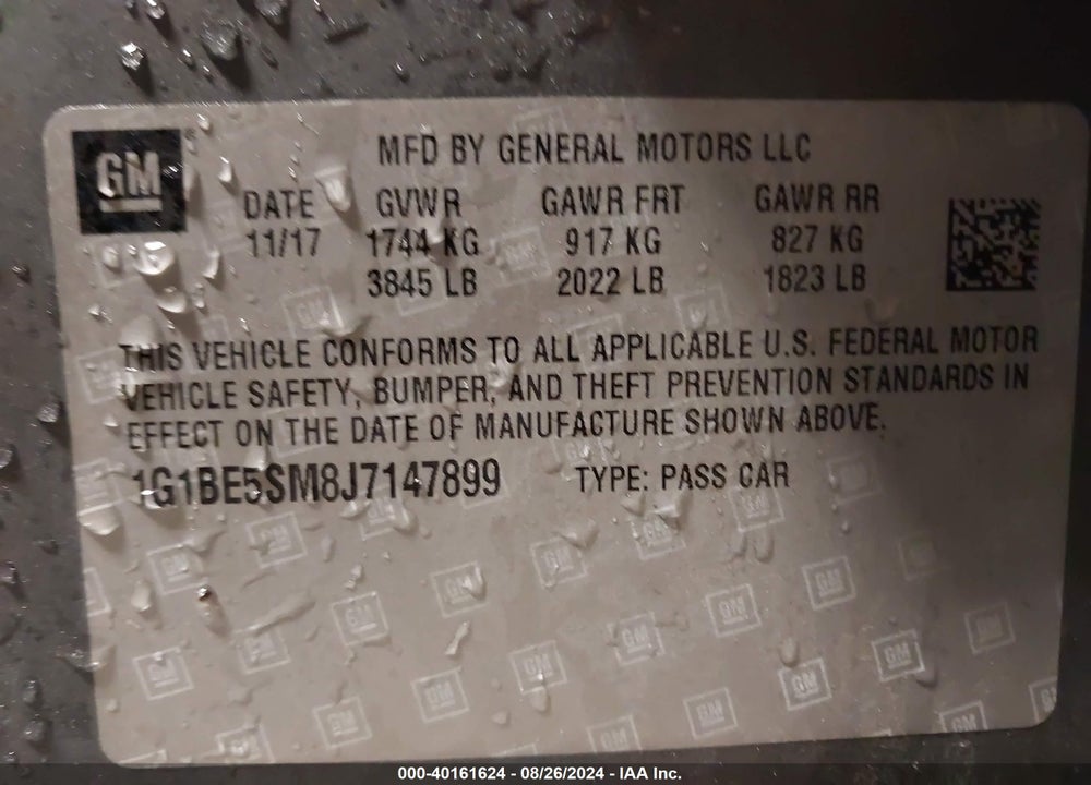2018 CHEVROLET CRUZE LT AUTO VIN: 1G1BE5SM8J7147899
