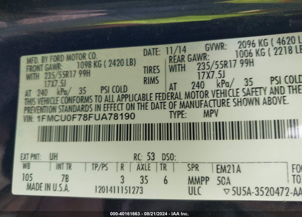2015 FORD ESCAPE S VIN: 1FMCU0F78FUA78190