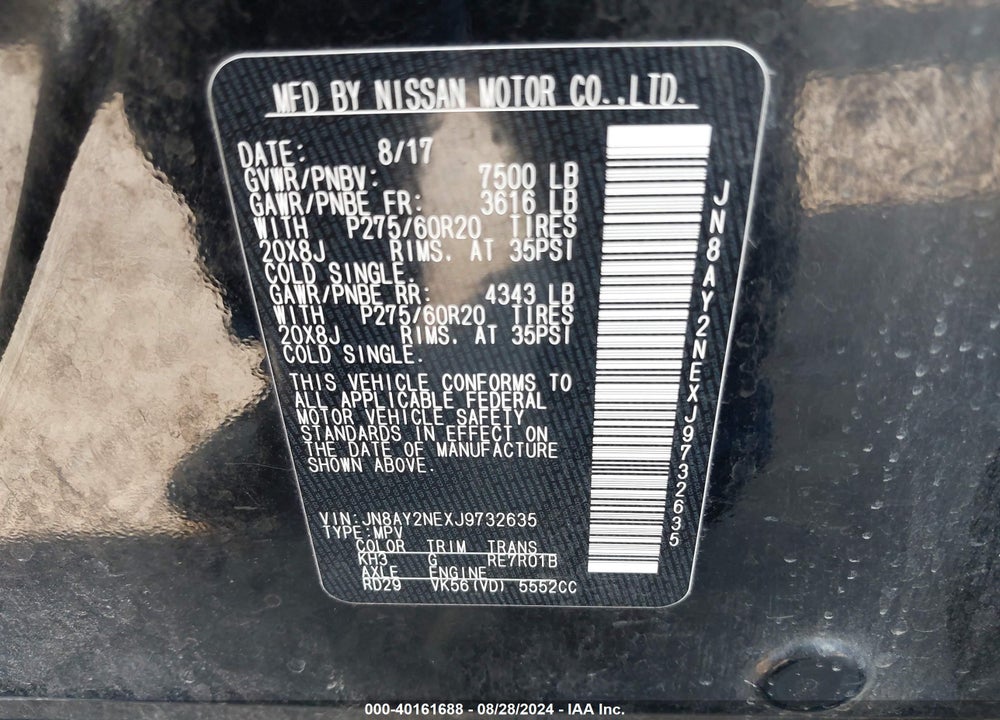 2018 NISSAN ARMADA PLATINUM VIN: JN8AY2NEXJ9732635