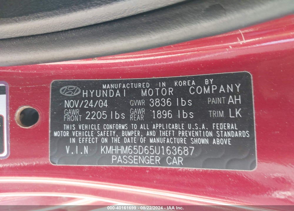 2005 HYUNDAI TIBURON GS VIN: KMHHM65D65U163687