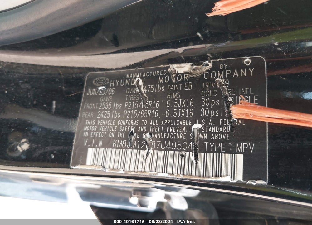 2007 HYUNDAI TUCSON GLS VIN: KM8JM12B87U495043