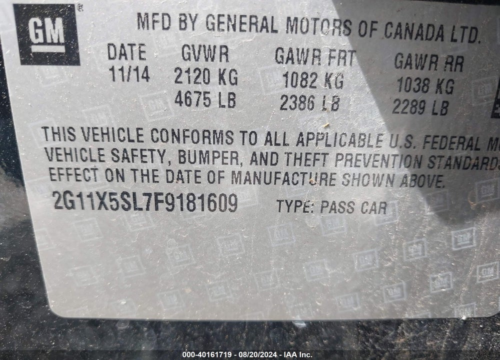 2015 CHEVROLET IMPALA 1FL VIN: 2G11X5SL7F9181609