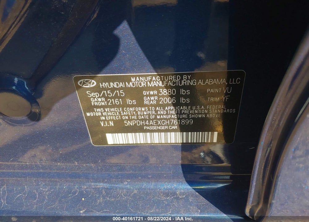 2016 HYUNDAI ELANTRA SE VIN: 5NPDH4AEXGH761899