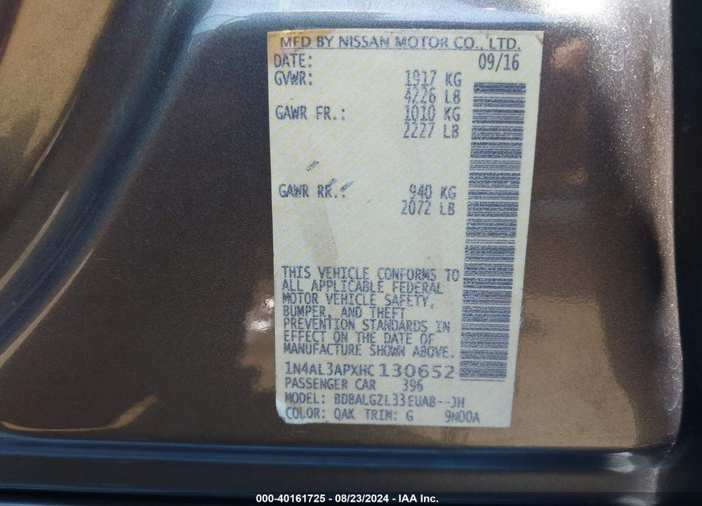 2017 NISSAN ALTIMA VIN: 1N4AL3APXHC130652