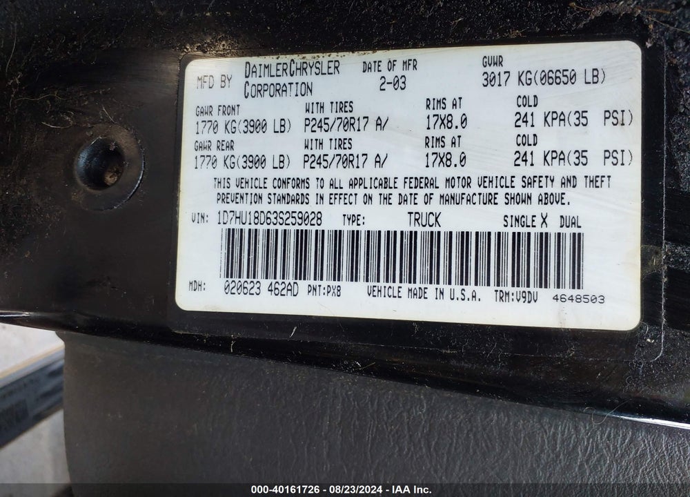 2003 DODGE RAM 1500 SLT/LARAMIE/ST VIN: 1D7HU18D63S259028