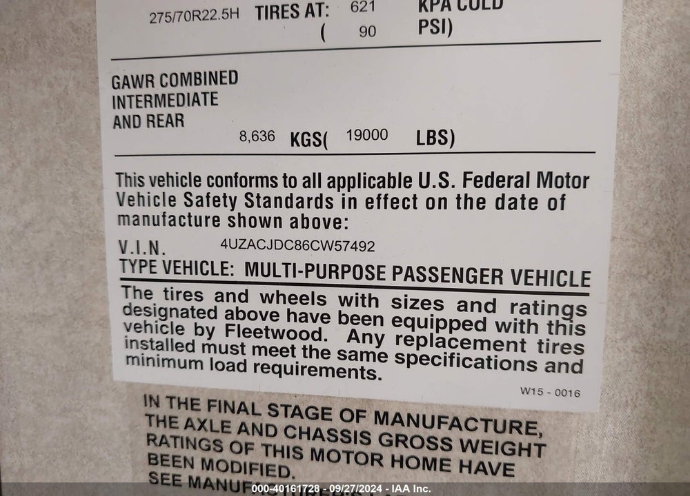 2006 FREIGHTLINER CHASSIS X LINE MOTOR HOME VIN: 4UZACJDC86CW57492