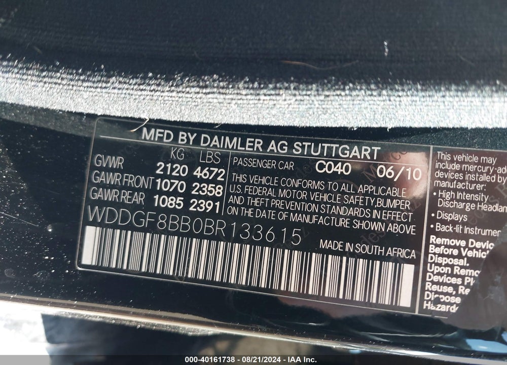 2011 MERCEDES-BENZ C 300 VIN: WDDGF8BB0BR133615