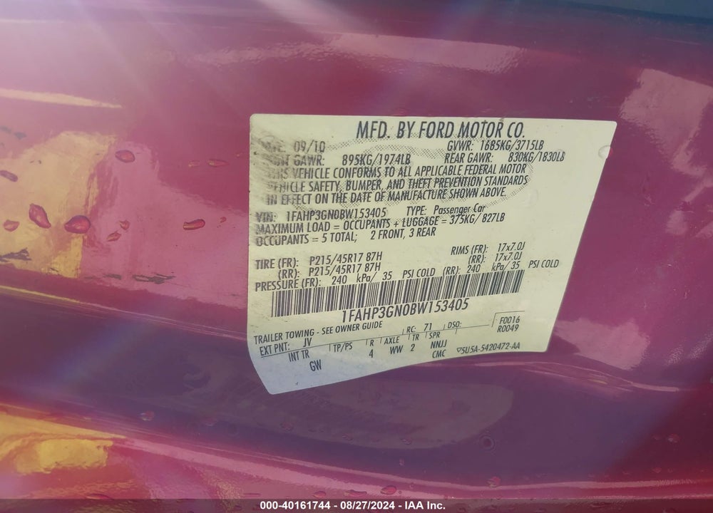 2011 FORD FOCUS VIN: 1FAHP3GN0BW153405