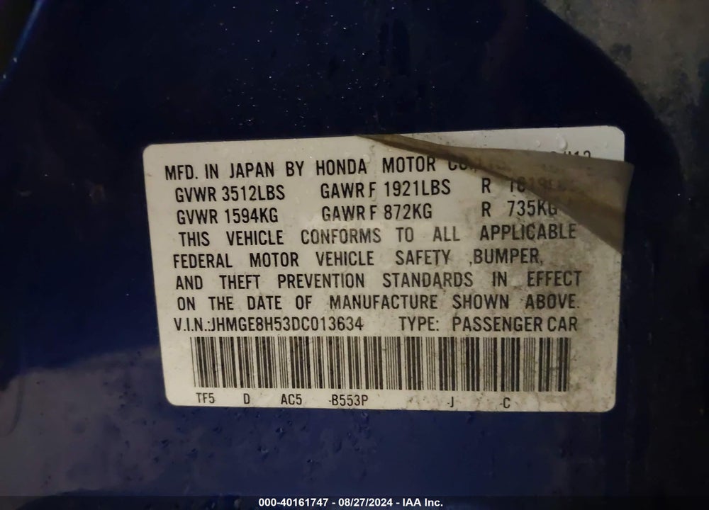 2013 HONDA FIT SPORT VIN: JHMGE8H53DC013634