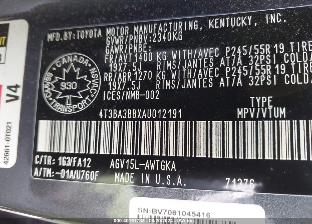 2010 TOYOTA VENZA VIN: 4T3BA3BBXAU012191