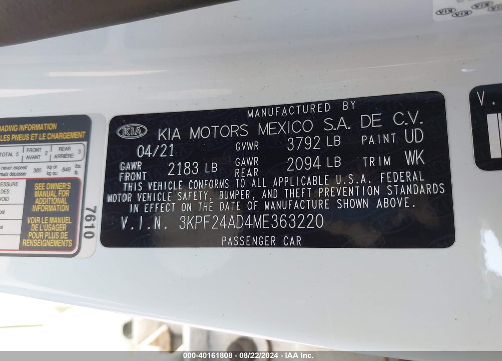 2021 KIA FORTE LXS VIN: 3KPF24AD4ME363220