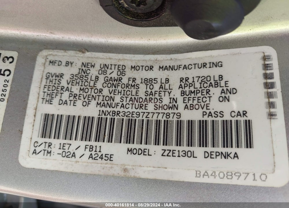 2007 TOYOTA COROLLA LE VIN: 1NXBR32E97Z777879
