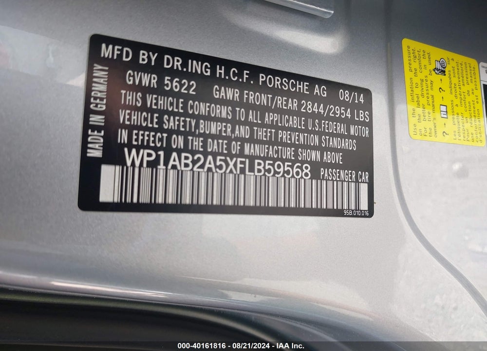 2015 PORSCHE MACAN S VIN: WP1AB2A5XFLB59568