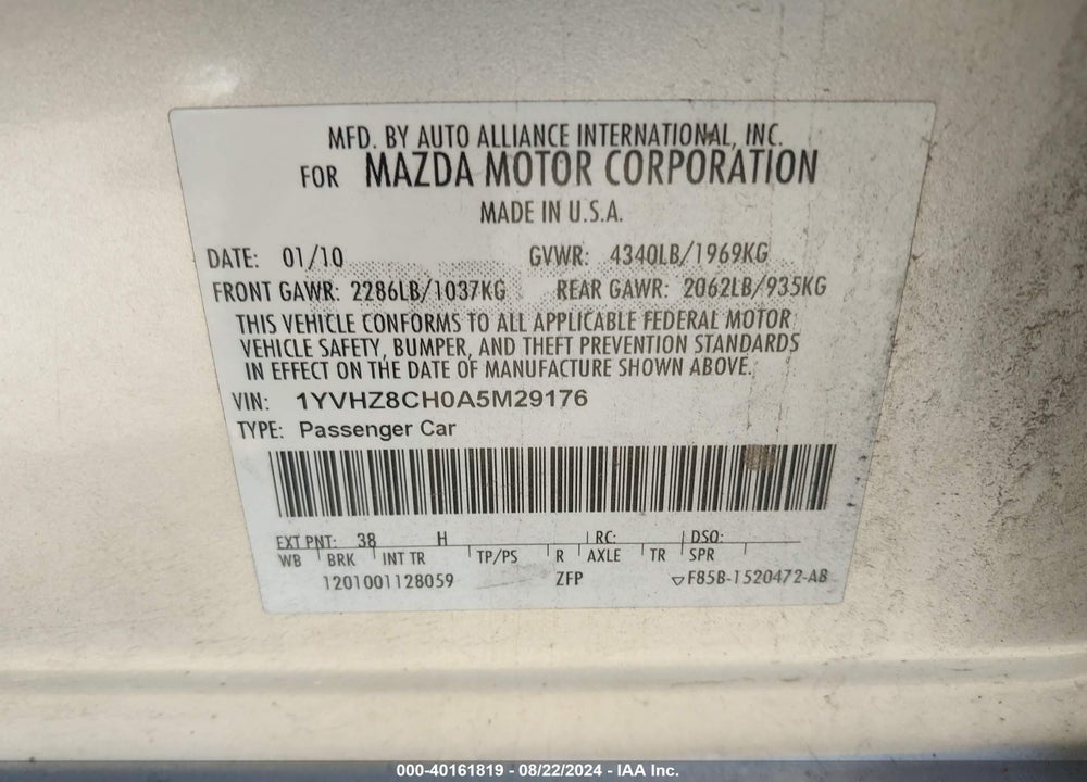 2010 MAZDA 6 VIN: 1YVHZ8CH0A5M29176