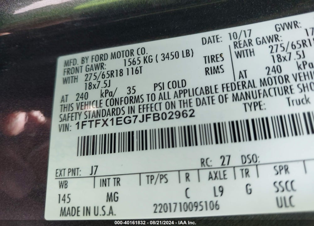 2018 FORD F-150 XLT VIN: 1FTFX1EG7JFB02962