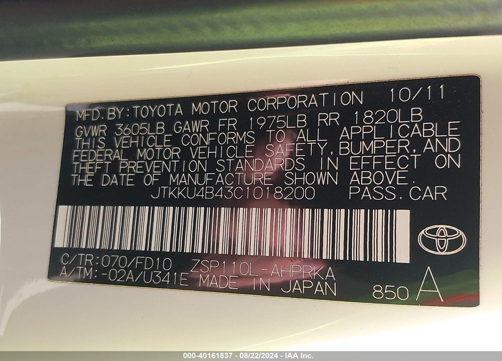 2012 SCION XD RELEASE SERIES 4.0 VIN: JTKKU4B43C1018200